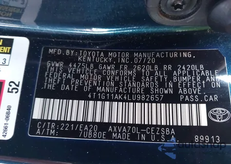 2020 Toyota Camry Se z USA, uszkodzony, nr VIN 4T1G11AK4LU982657